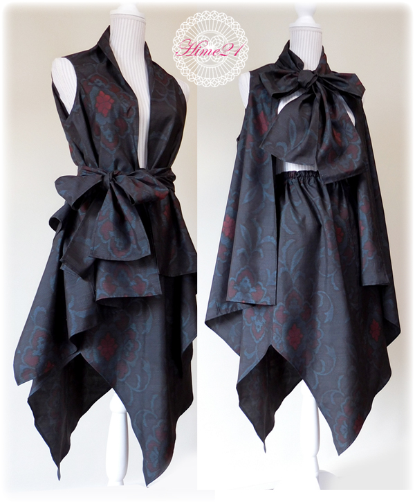 大島紬 着物リメイク アシメントリースカートとフリースタイルベスト＆ショール 3点セット - 着物リメイクの服